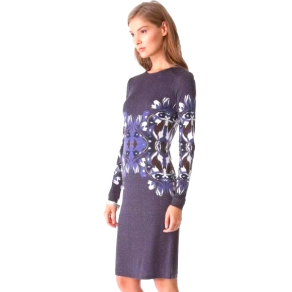 Tory Burch Flavia Blue Multicolored Long Sleeve Silk Dress - Picture 2 of 12